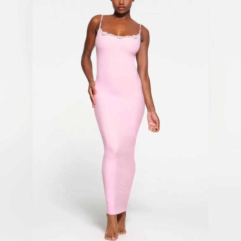 SKIMS Long Slip Dress Fits Everybody Lace in Cherry Blossom Pink Lana Del Rey